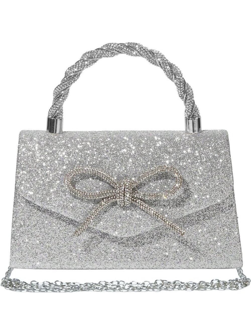 Women's Silver Sparkly Bow Rhinestone Clutch Purse Wedding Evening Bag